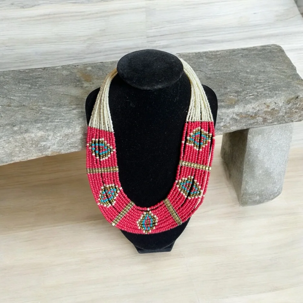 Vintage~ Coral Colored Beaded Necklace Native Handmade Seed Bead, beautiful!!